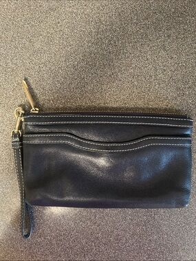 Talbots Black Leather Wristlet Clutch with White Stitching